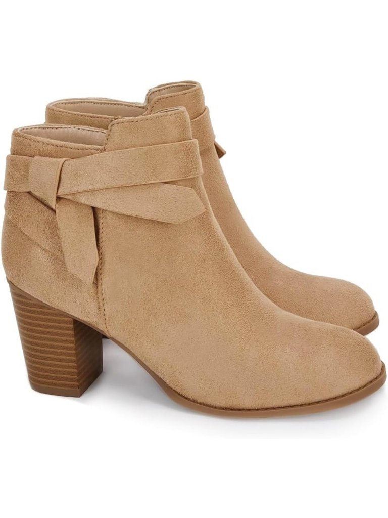 Women's Coffee Closed Toe Stacked Heel Tie Knot Side Zip Chelsea Pump Ankle Boot